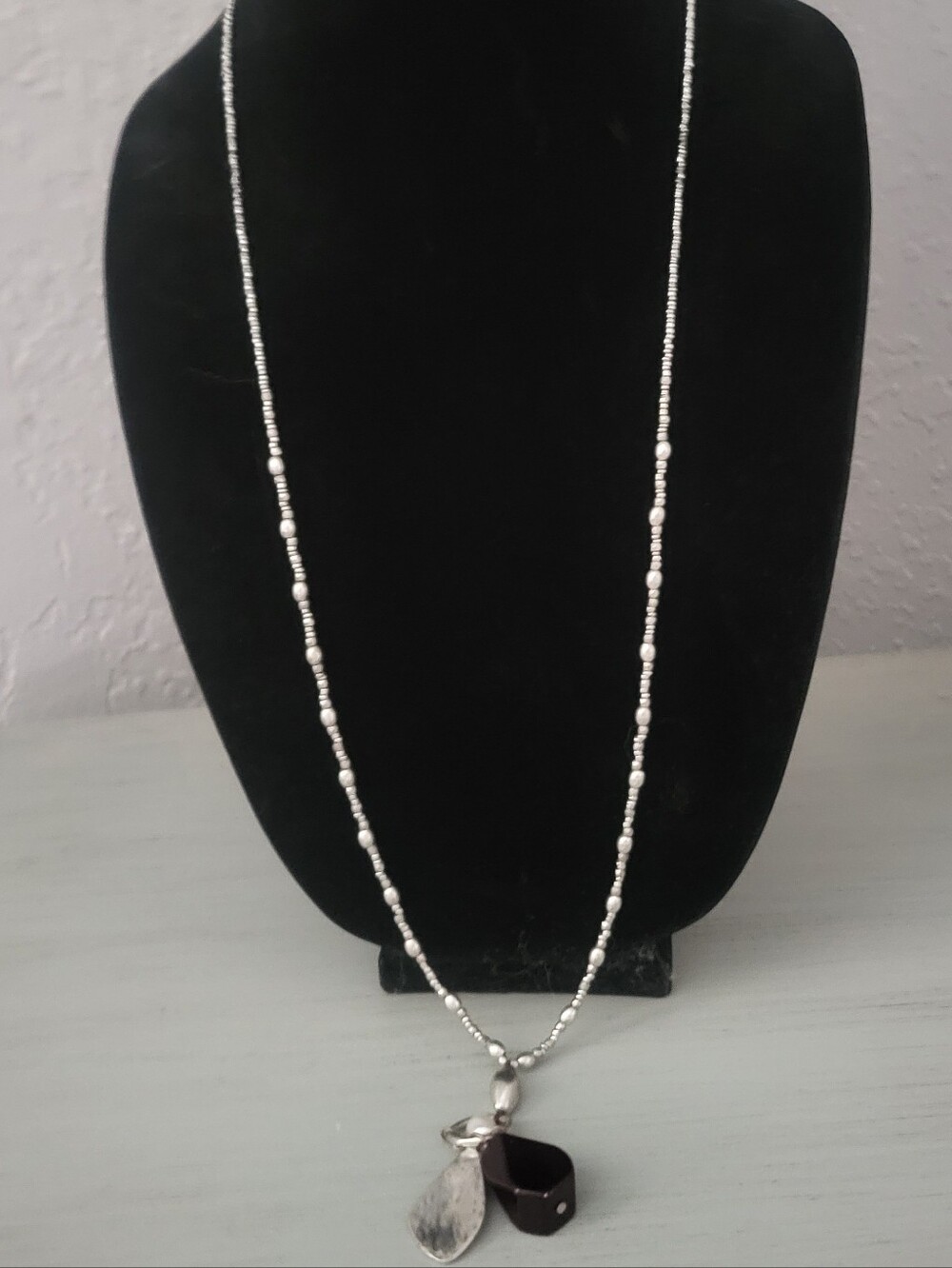 Silver Beaded Necklace with Maroon, Pearl and Silver Charms